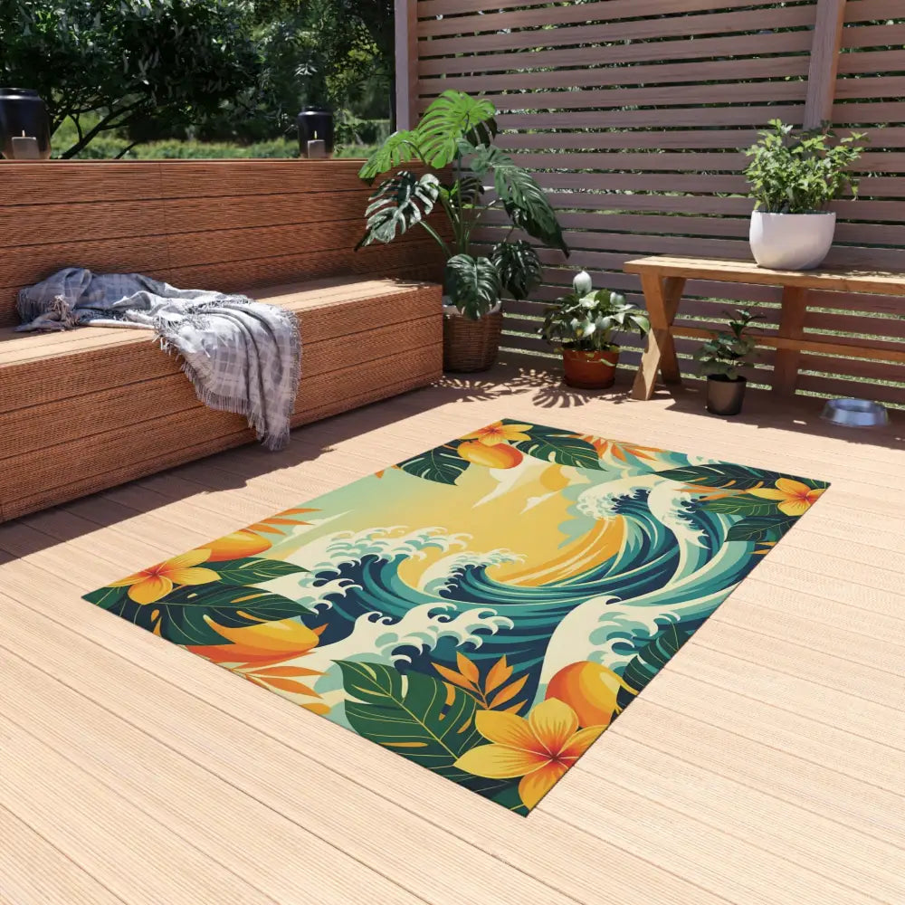 Tropical wave patterned outdoor rug from PixiOnyx Coastal Floor Dreamscape collection