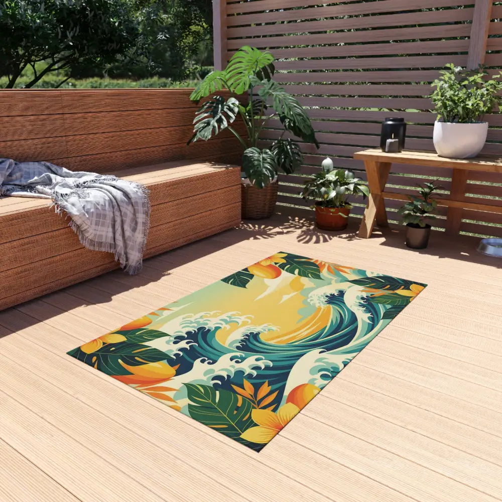 Tropical wave patterned outdoor rug from PixiOnyx Coastal Floor Dreamscape series