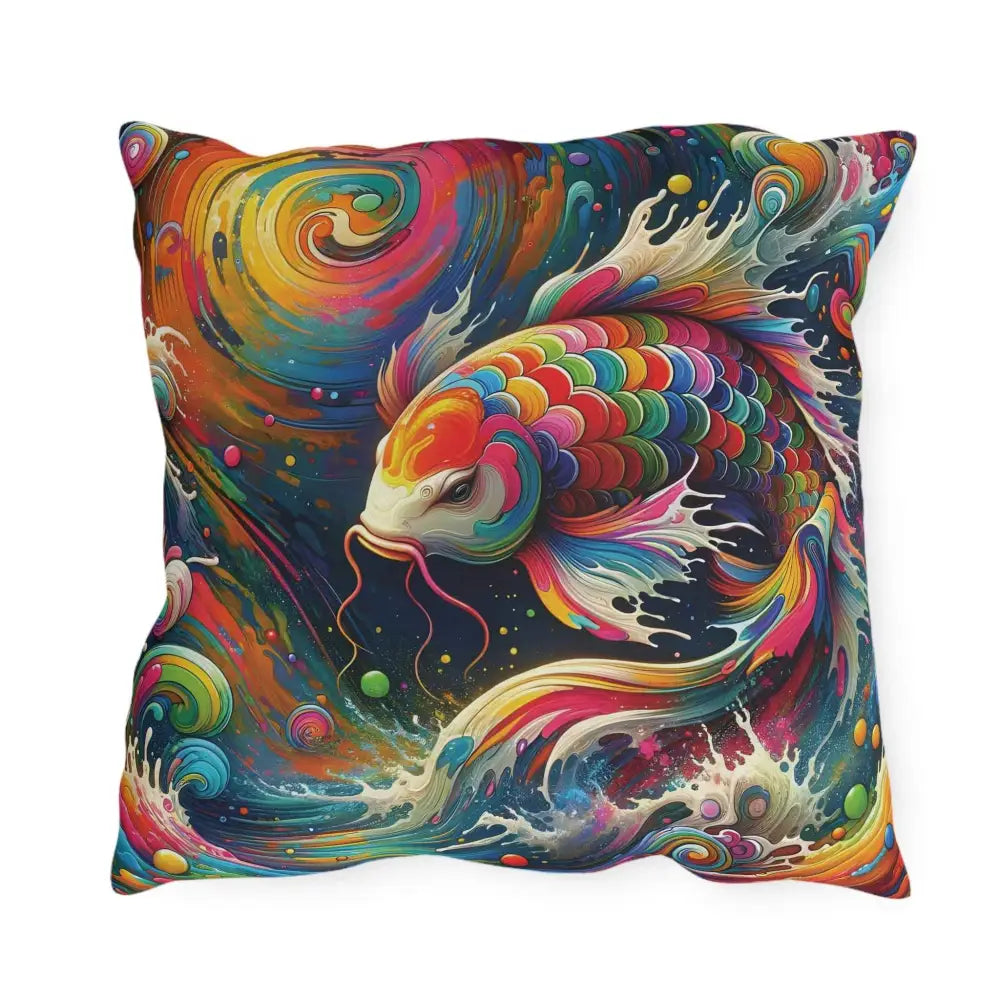 Colorful outdoor throw pillow featuring a rainbow koi dreamflow design with swirling water