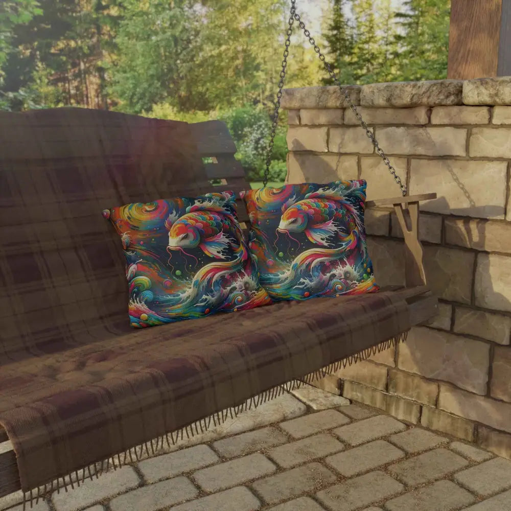 Colorful rainbow koi throw pillows on a brown plaid blanket for outdoor decor by PixiOnyx