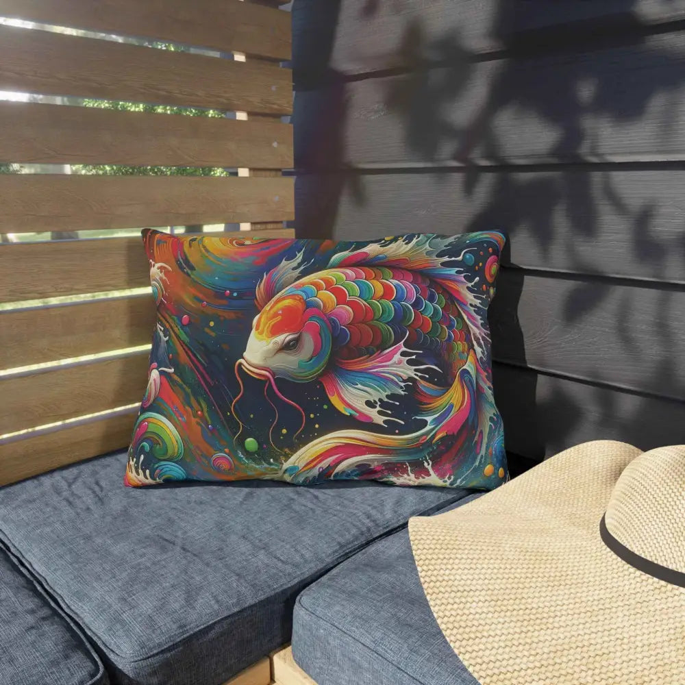 Vibrantly colored koi fish art pillow showcasing rainbow koi dreamflow design for outdoor decor