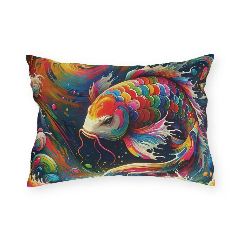 Vibrant colorful koi fish art pillow featuring rainbow koi dreamflow design for outdoor decor