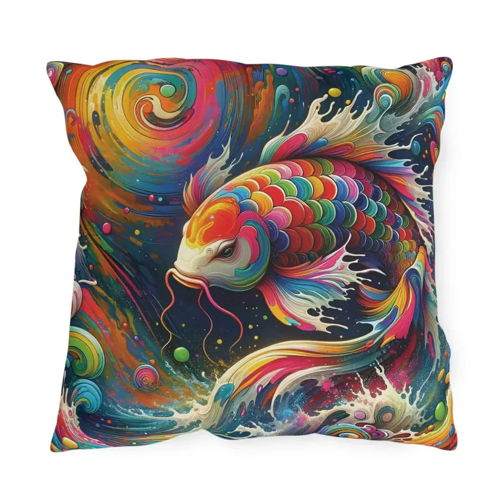 Vibrant rainbow koi dreamflow pillow for outdoor patio and garden decor by PixiOnyx