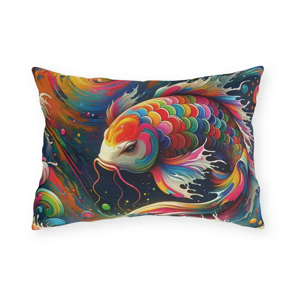 Rectangular outdoor throw pillow featuring vibrant rainbow koi Dreamflow design by PixiOnyx