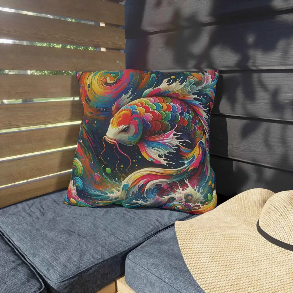 Vibrant rainbow koi dreamflow pillow with colorful koi fish design for patio decor