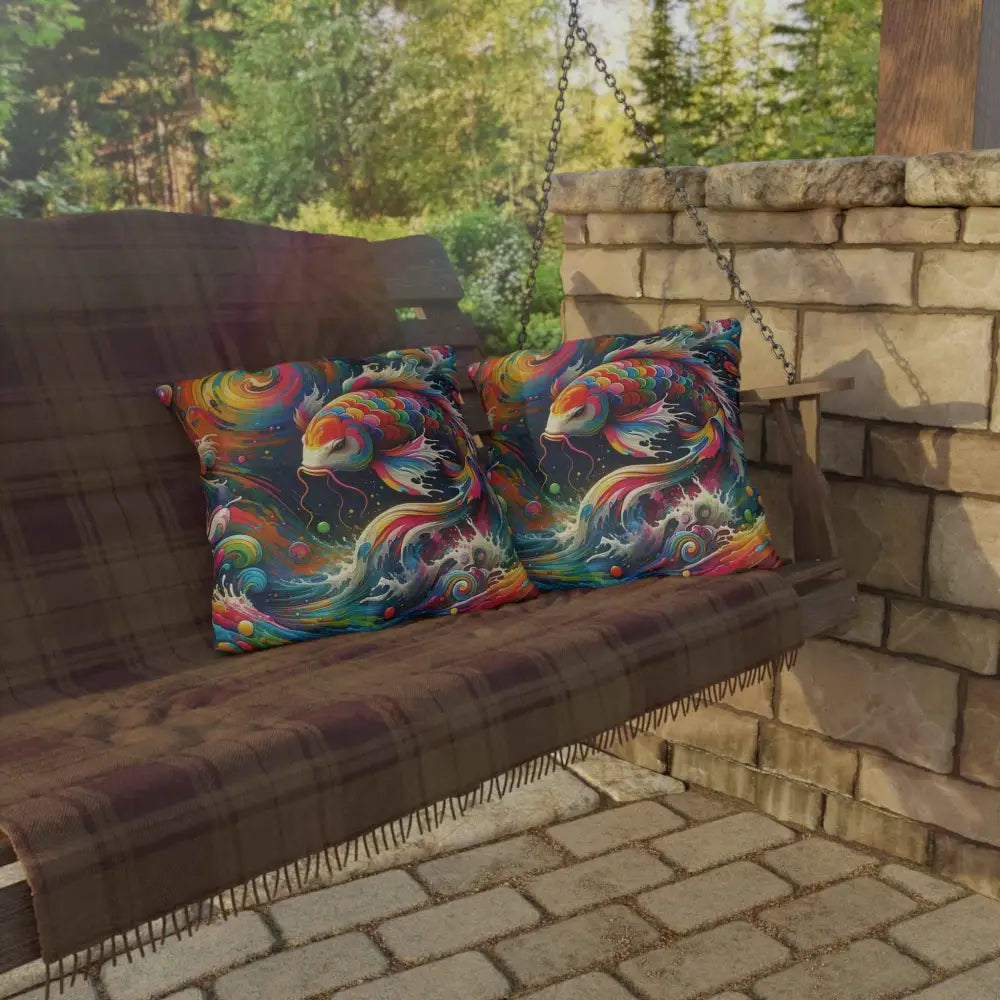 Colorful outdoor throw pillows with vibrant rainbow koi fish pattern on a swing
