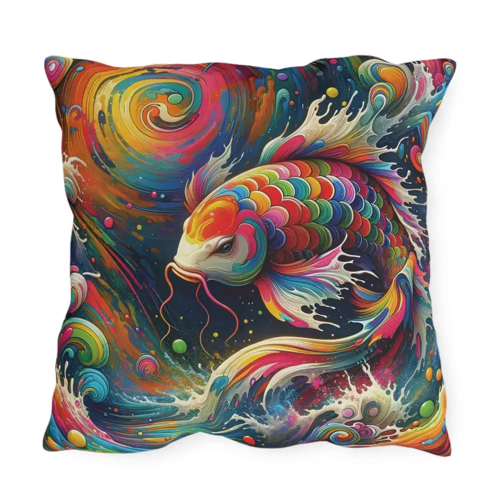 Colorful outdoor throw pillow featuring rainbow koi dreamflow design for patio decor