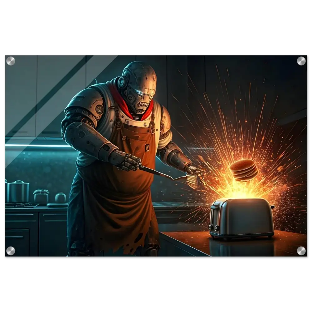 Robotic chef flipping pancakes on Acrylic Print Pancake Protocol Breakfast Uprising PixiOnyx Panel