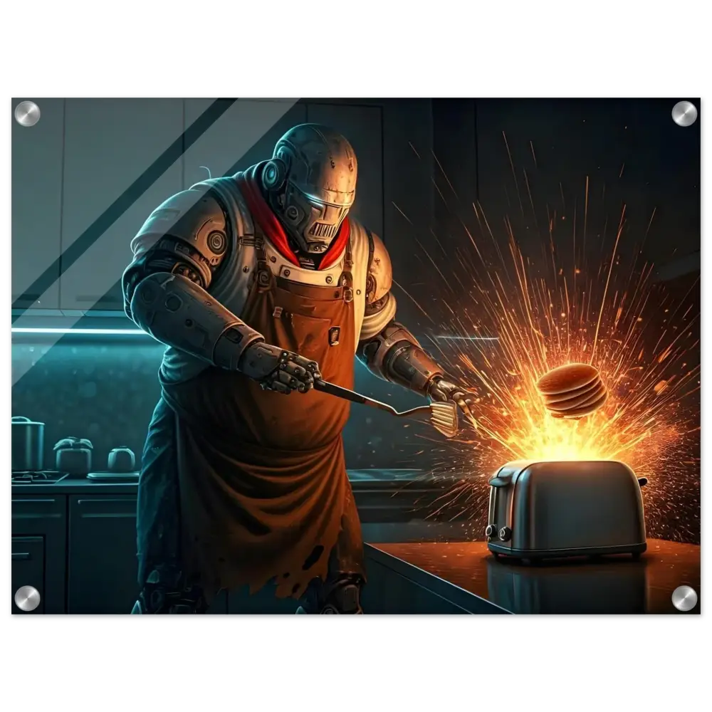 Robotic chef flipping pancakes over a sparking toaster on Pancake Protocol Acrylic Print
