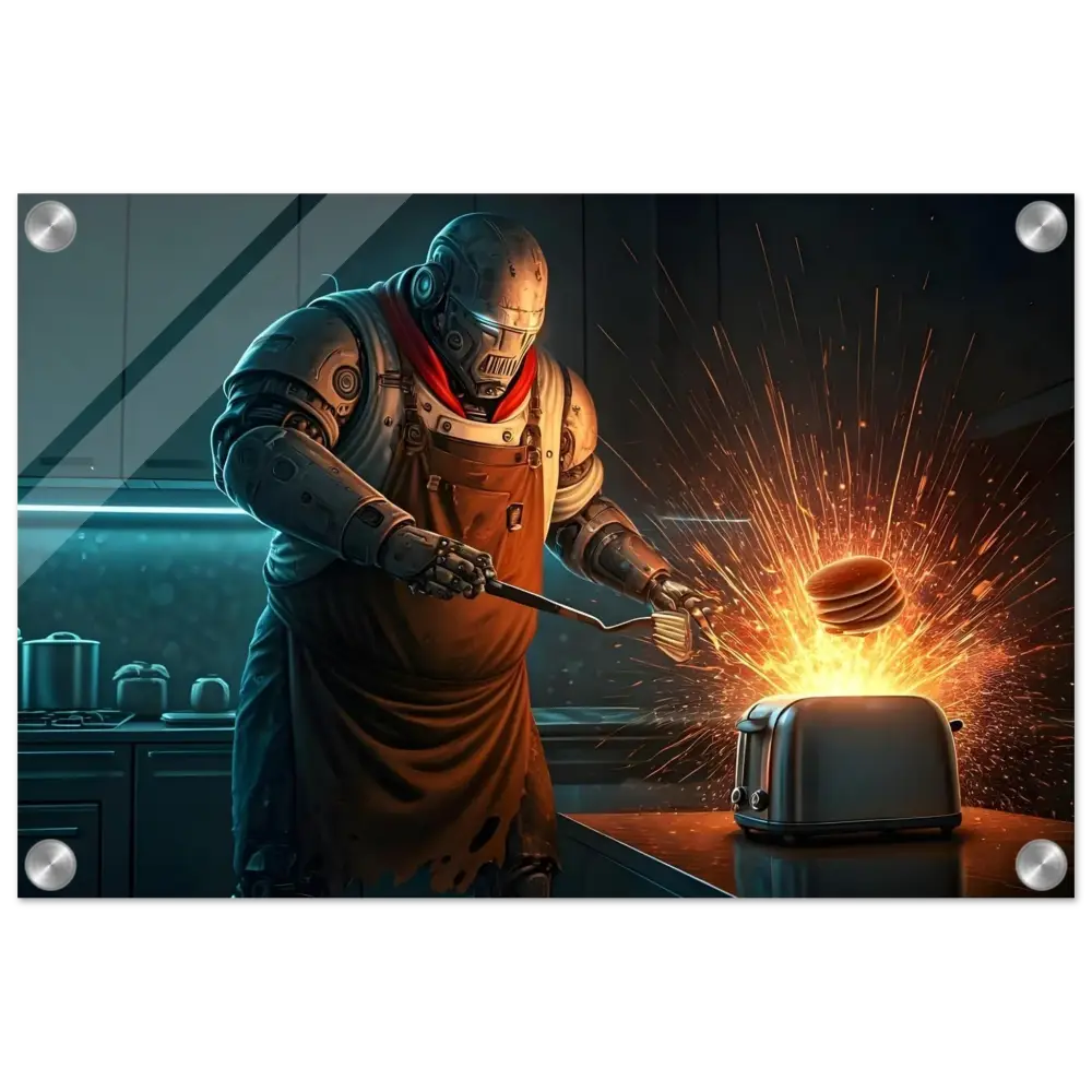 Robot chef with exploding toaster on Pancake Protocol Acrylic Print by PixiOnyx