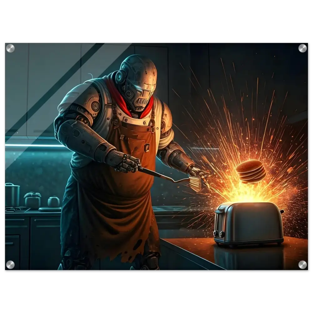 Robot chef flipping pancakes over a sparking toaster in Pancake Protocol Acrylic Print