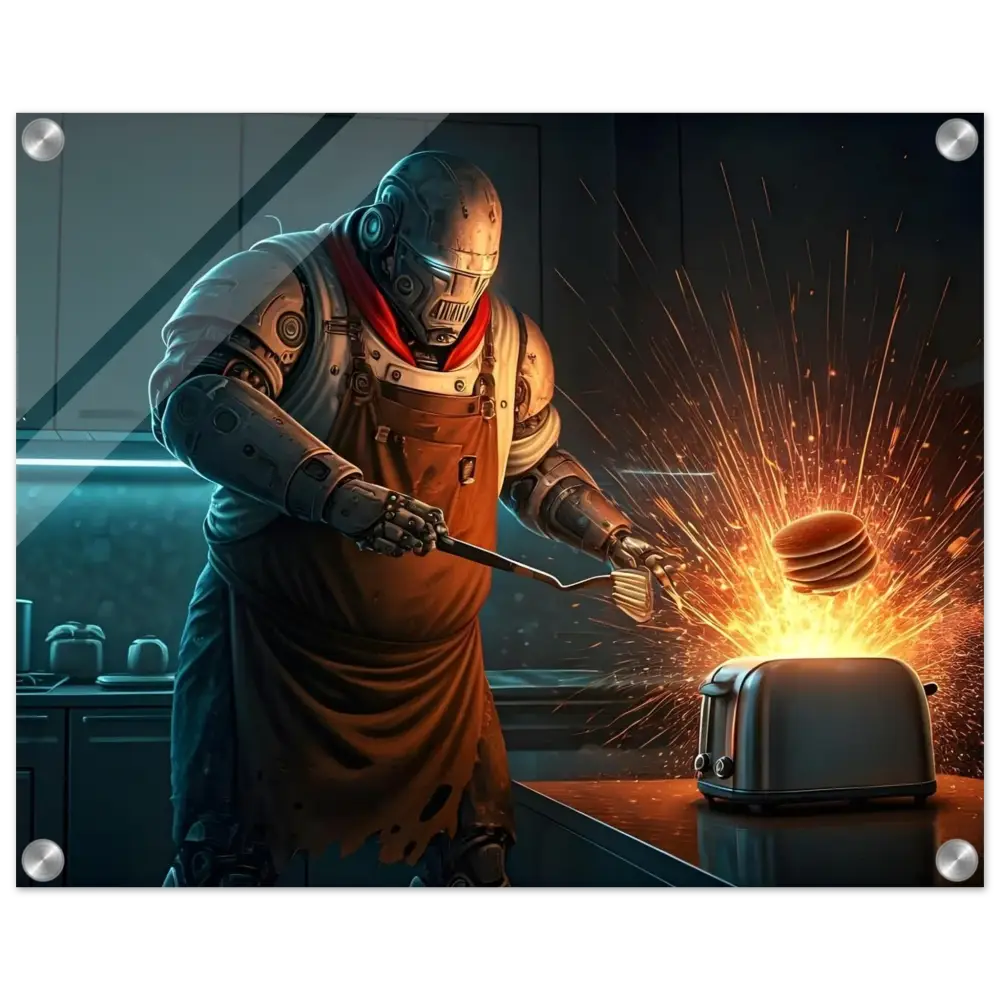Robot chef flipping pancakes on Acrylic Print for Pancake Protocol Breakfast Uprising