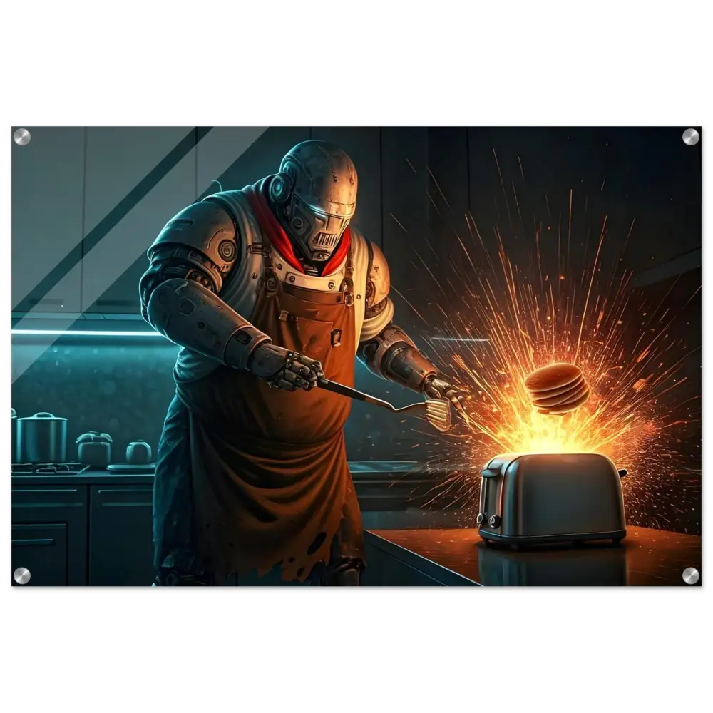 Robotic chef flipping pancakes over a sparking toaster in Pancake Protocol Acrylic Print
