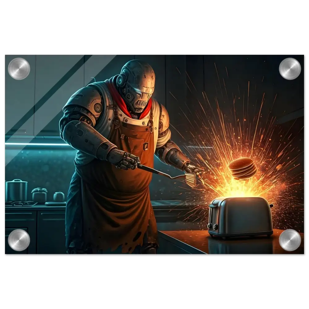 Robotic chef flipping pancakes on Acrylic Print Pancake Protocol Breakfast Uprising PixiOnyx