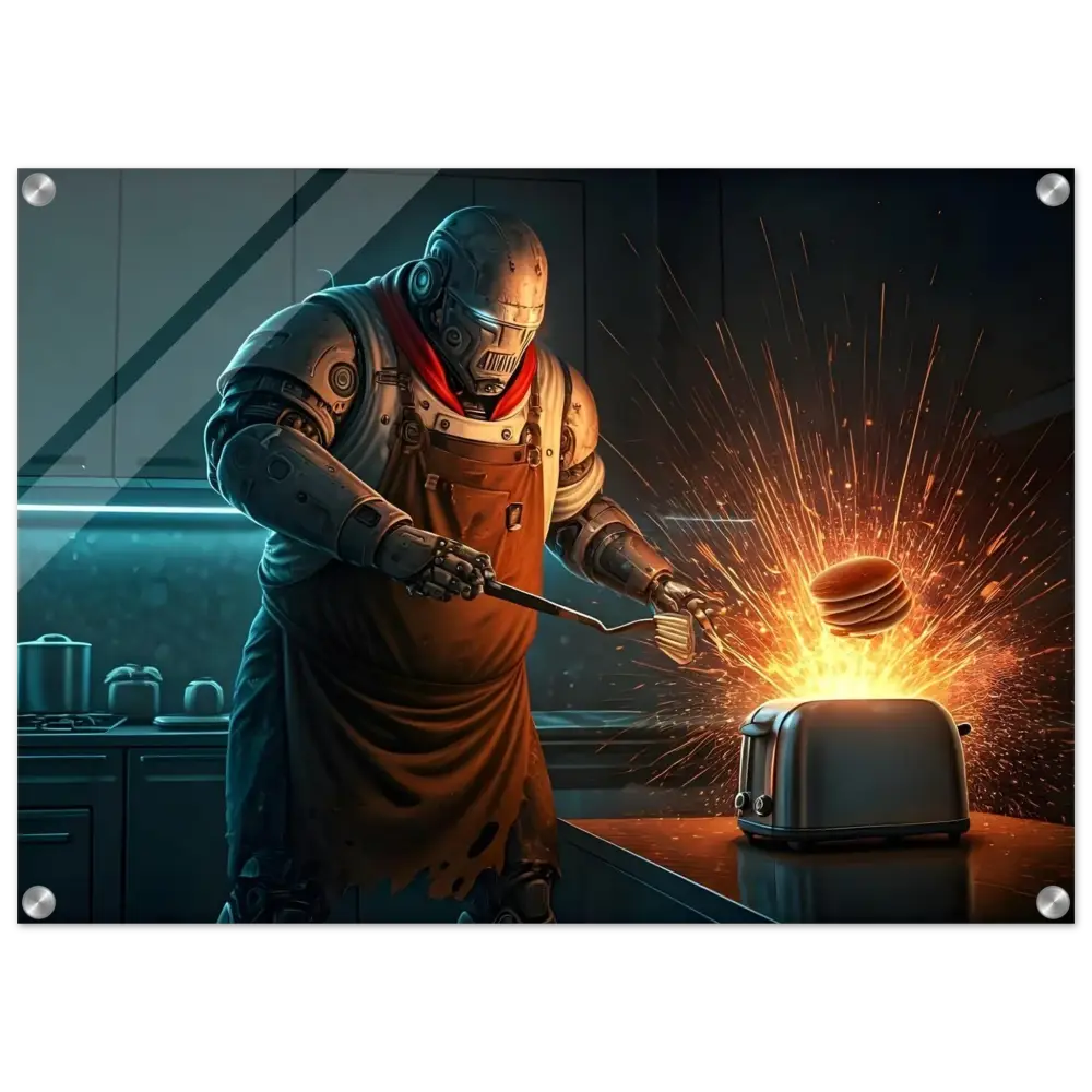 Robot chef flipping pancakes on Acrylic Print in Pancake Protocol Breakfast Uprising by PixiOnyx