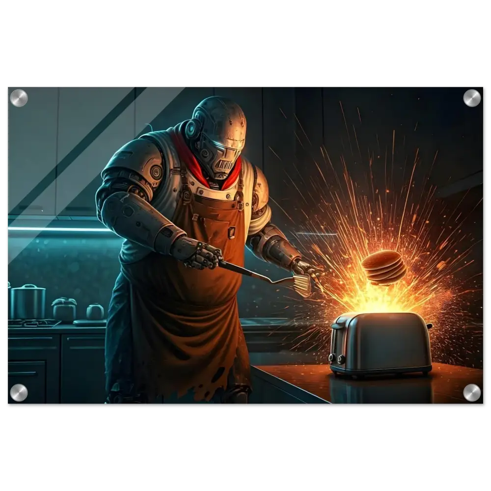 Robot chef with exploding toaster on Pancake Protocol Breakfast Uprising Acrylic Print