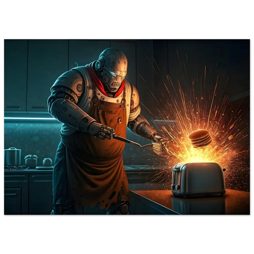 Robot chef with exploding toaster displayed on Pancake Protocol Aluminum Print by PixiOnyx