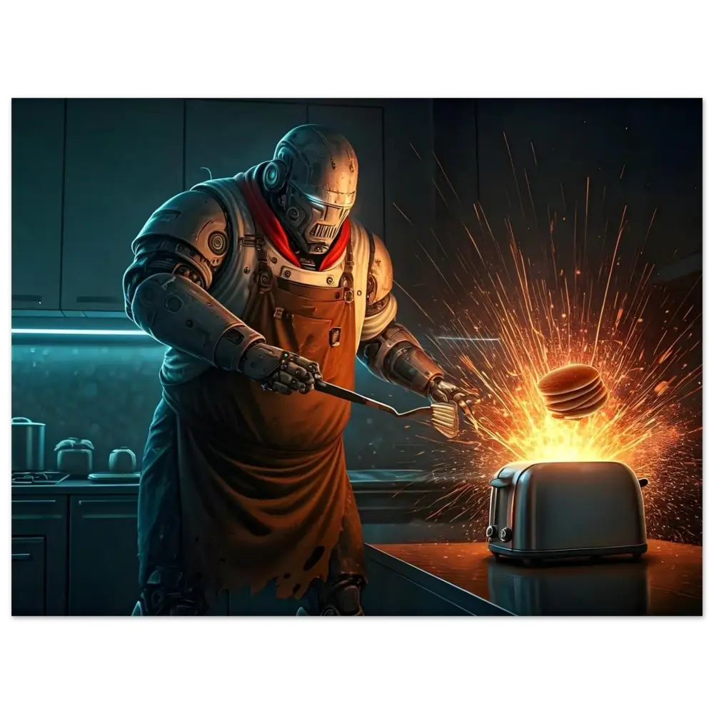 Robot chef flipping pancakes over a sparking toaster in Pancake Protocol Aluminum Print