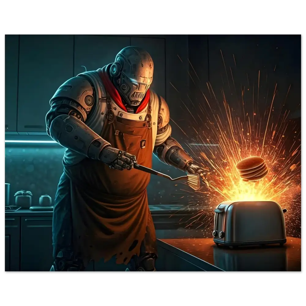 Robot chef flipping pancakes on Aluminum Print Pancake Protocol Breakfast Uprising display