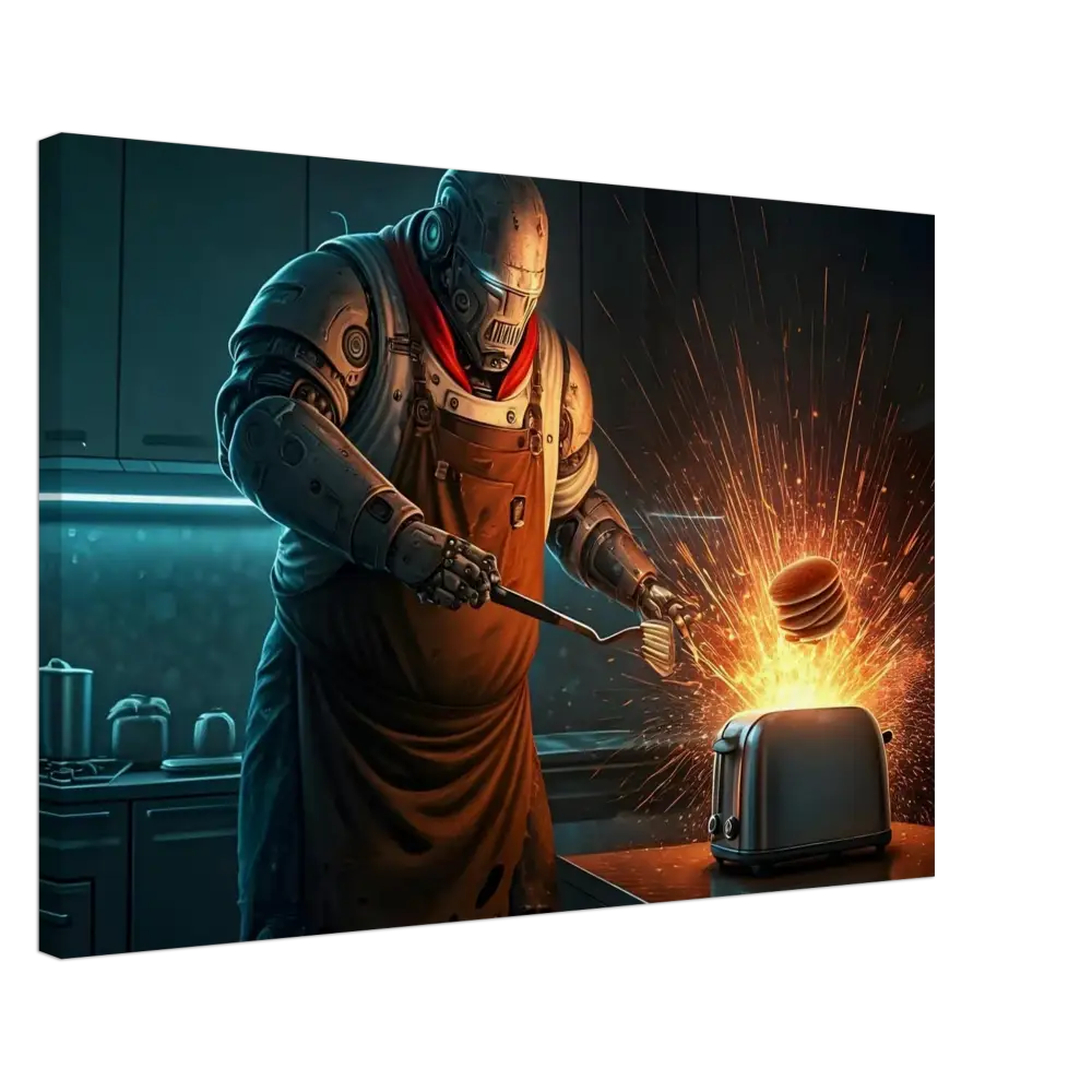 Robot chef flipping exploding toast from Pancake Protocol Breakfast Uprising Canvas
