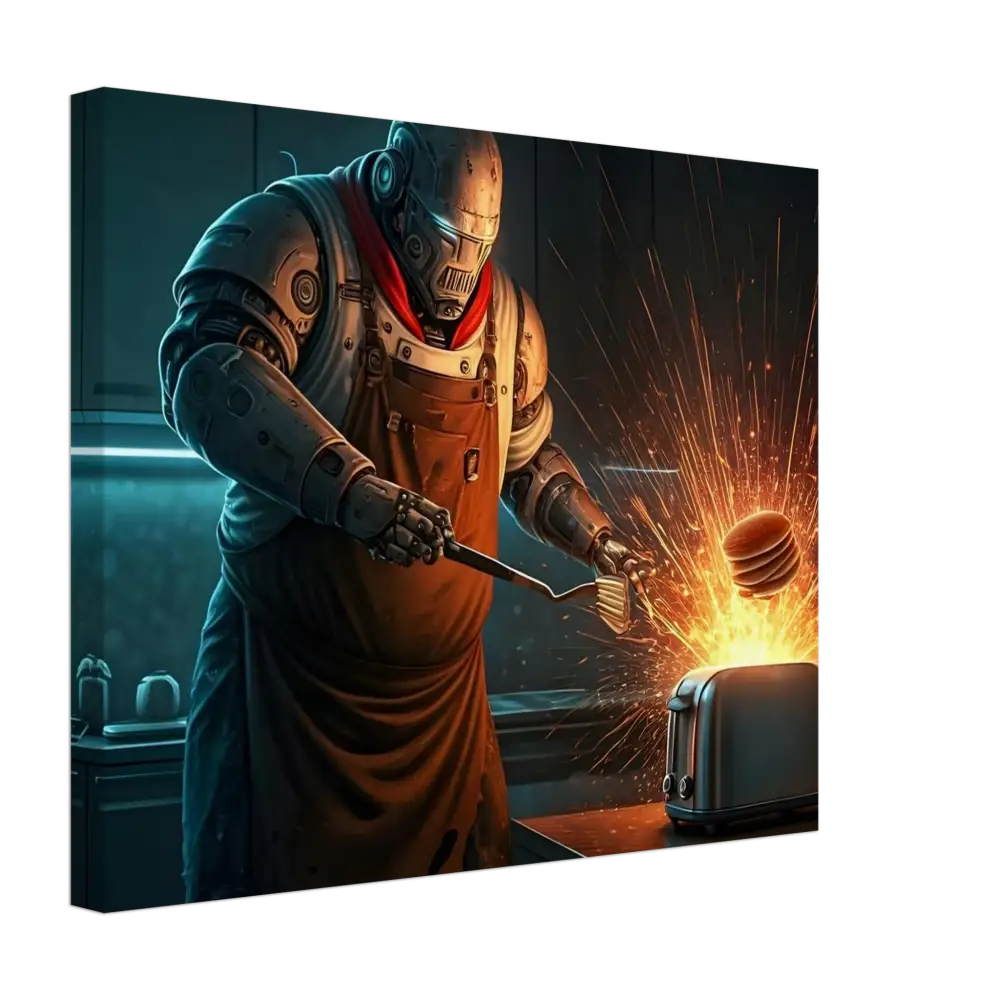 Robotic chef flipping pancakes in Pancake Protocol Burnt Brunch Edition Canvas artwork