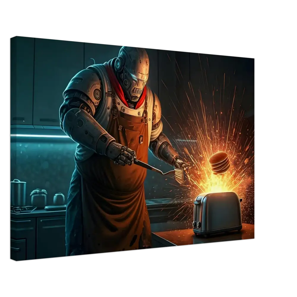 Robot chef flipping exploding pancakes from Pancake Protocol Breakfast Uprising Canvas by PixiOnyx