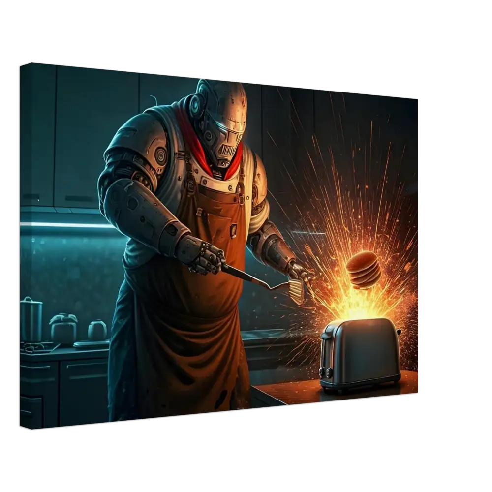 Robot chef flipping pancakes in Pancake Protocol Breakfast Uprising Canvas by PixiOnyx Burnt Brunch Edition
