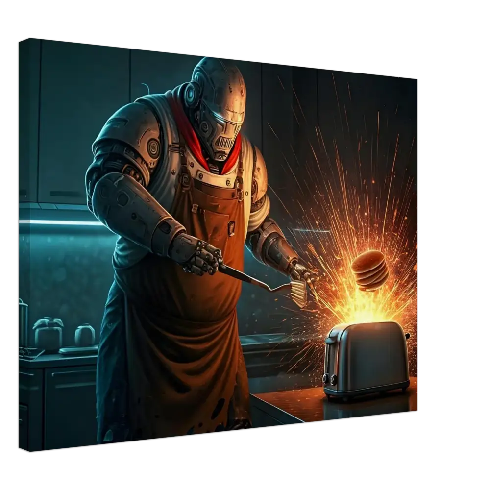 Robot chef with sparking toaster from Pancake Protocol Breakfast Uprising Canvas PixiOnyx Burnt Brunch Edition