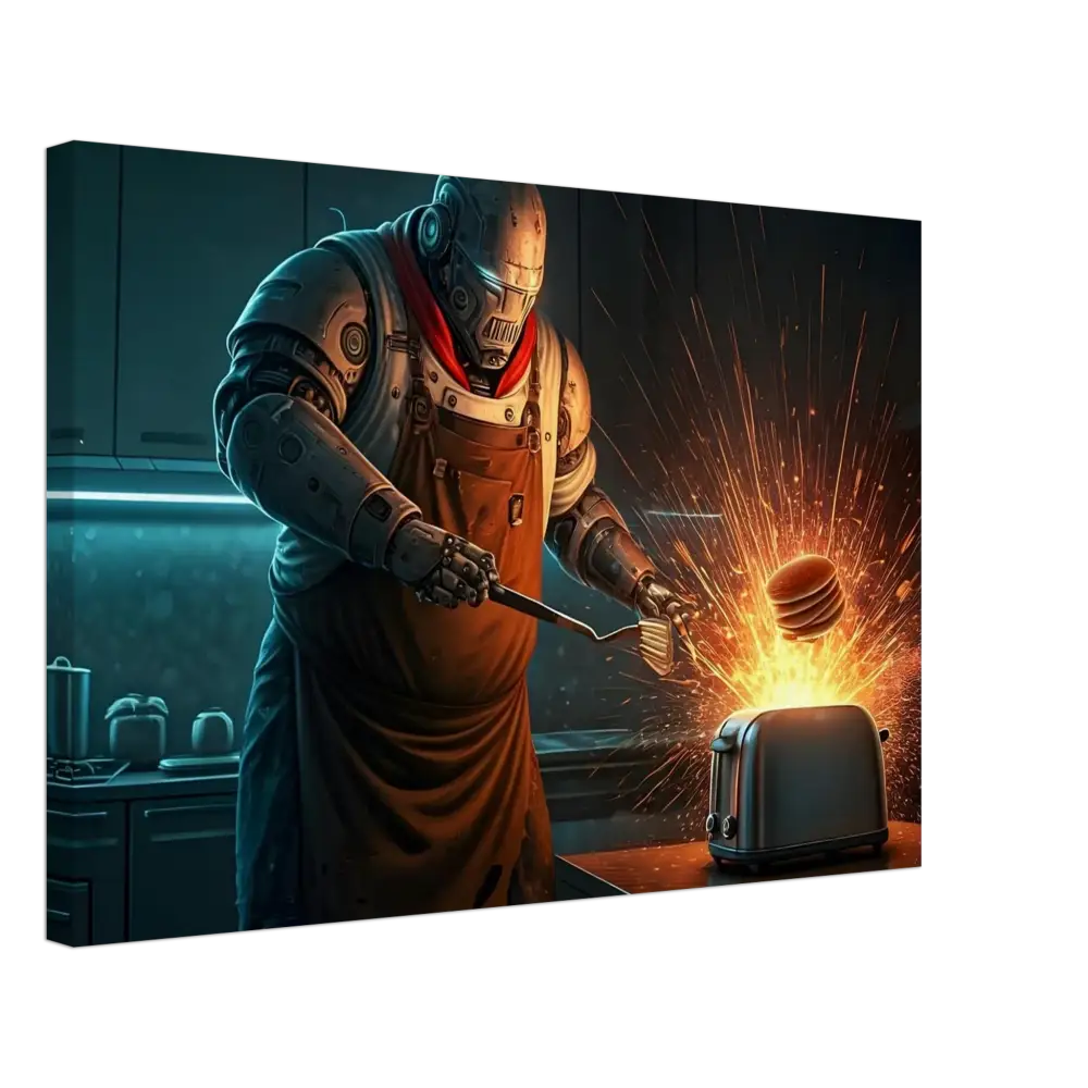 Robot chef flipping pancakes from a toaster in Pancake Protocol Breakfast Uprising Canvas