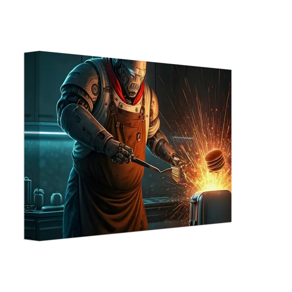 Robot chef flipping pancakes in Pancake Protocol Breakfast Uprising Canvas by PixiOnyx Burnt Brunch Edition