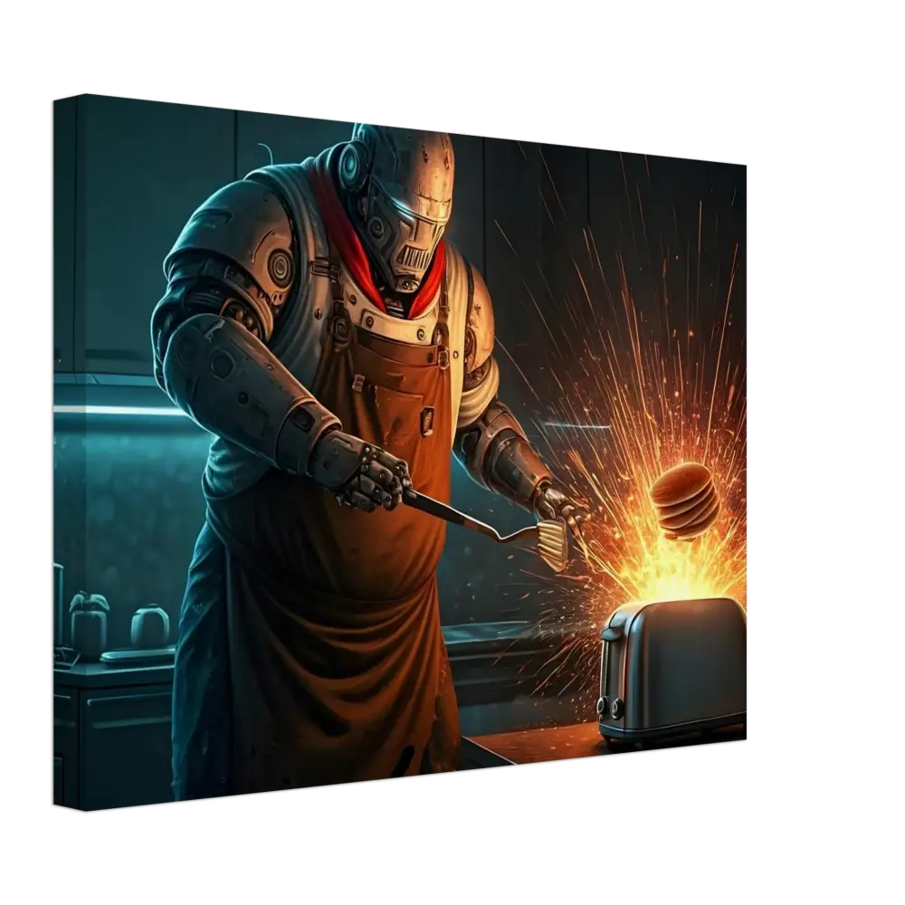 Robotic chef flipping pancakes in Pancake Protocol Breakfast Uprising Canvas by PixiOnyx