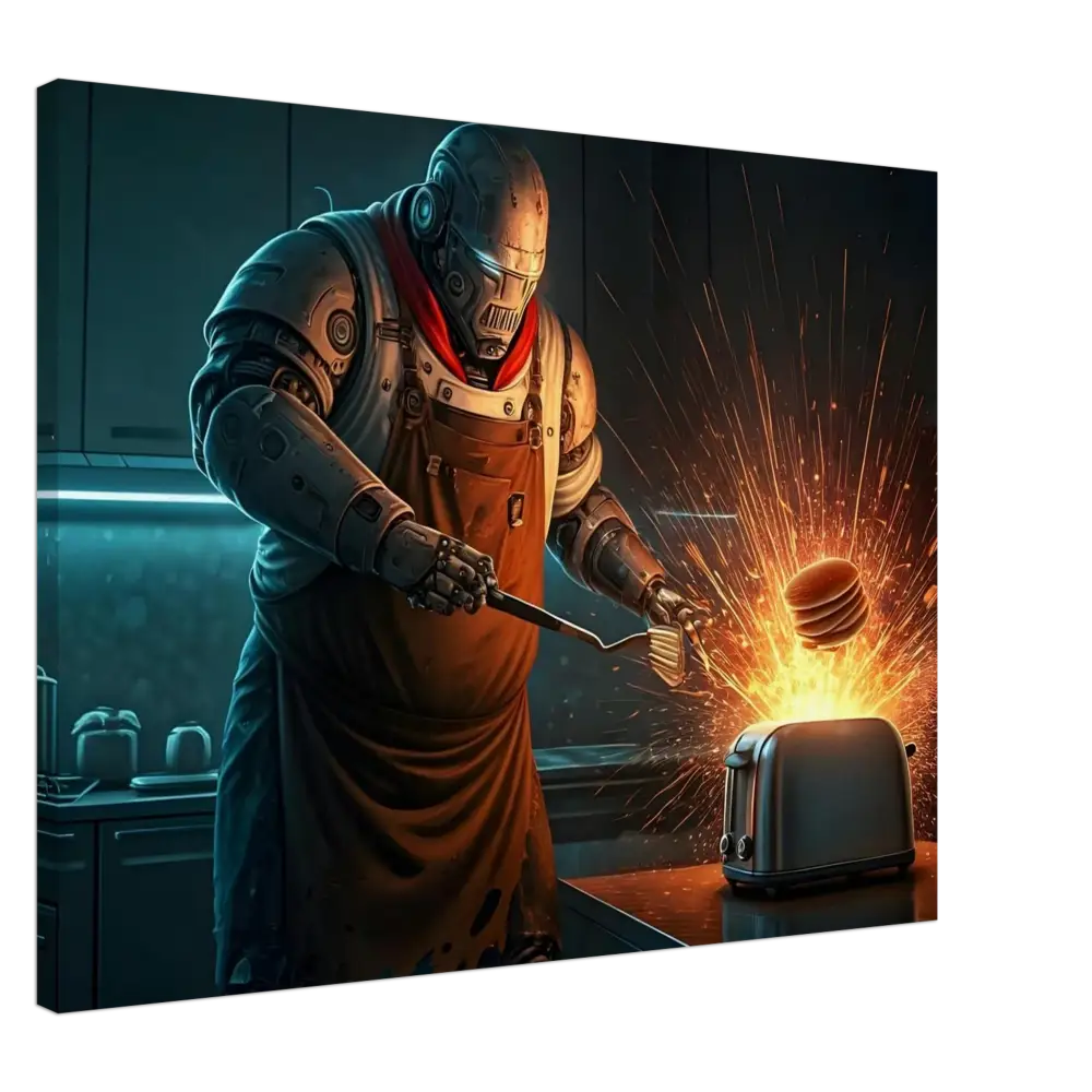 Robot chef with sparking toaster from Pancake Protocol Breakfast Uprising Canvas PixiOnyx Burnt Brunch Edition