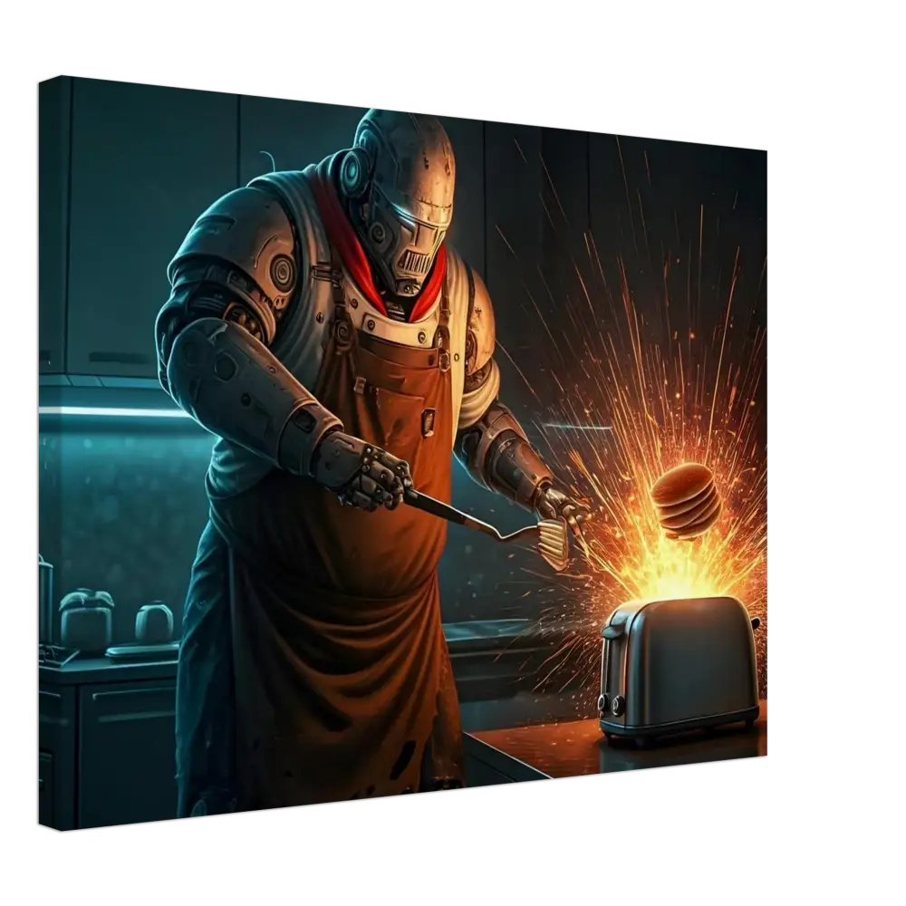 Robot chef flipping exploding pancakes in Pancake Protocol Breakfast Uprising Canvas by PixiOnyx