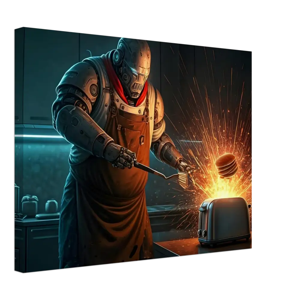 Robot chef flipping pancakes in Pancake Protocol Breakfast Uprising Canvas by PixiOnyx