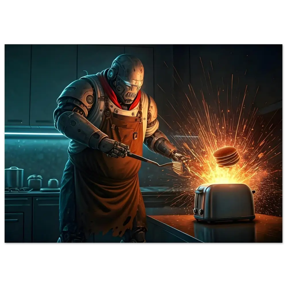 Robot chef flipping pancakes over sparking Toaster in Pancake Protocol Breakfast Uprising poster