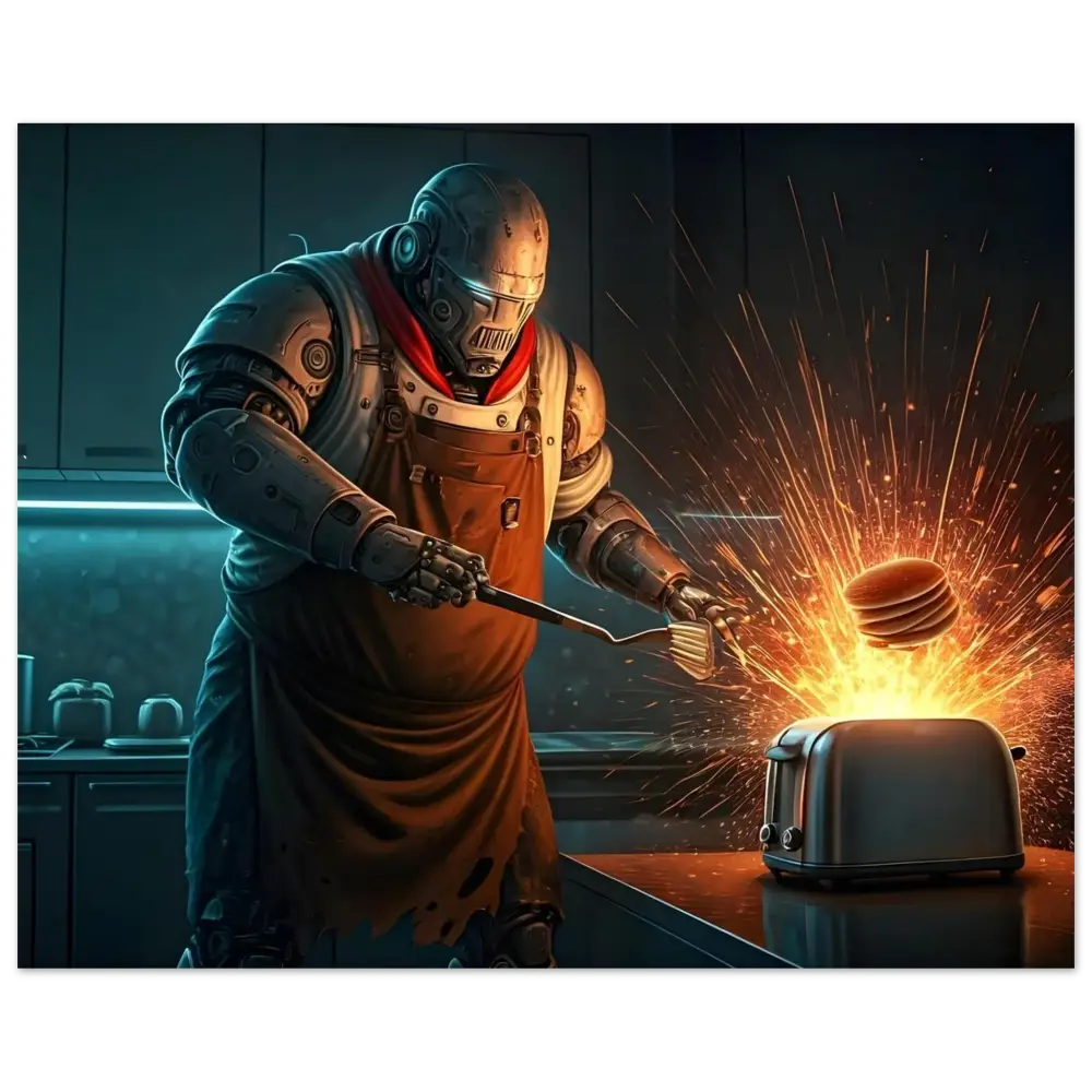 Robot chef flipping pancakes with sparks in Pancake Protocol Breakfast Uprising poster