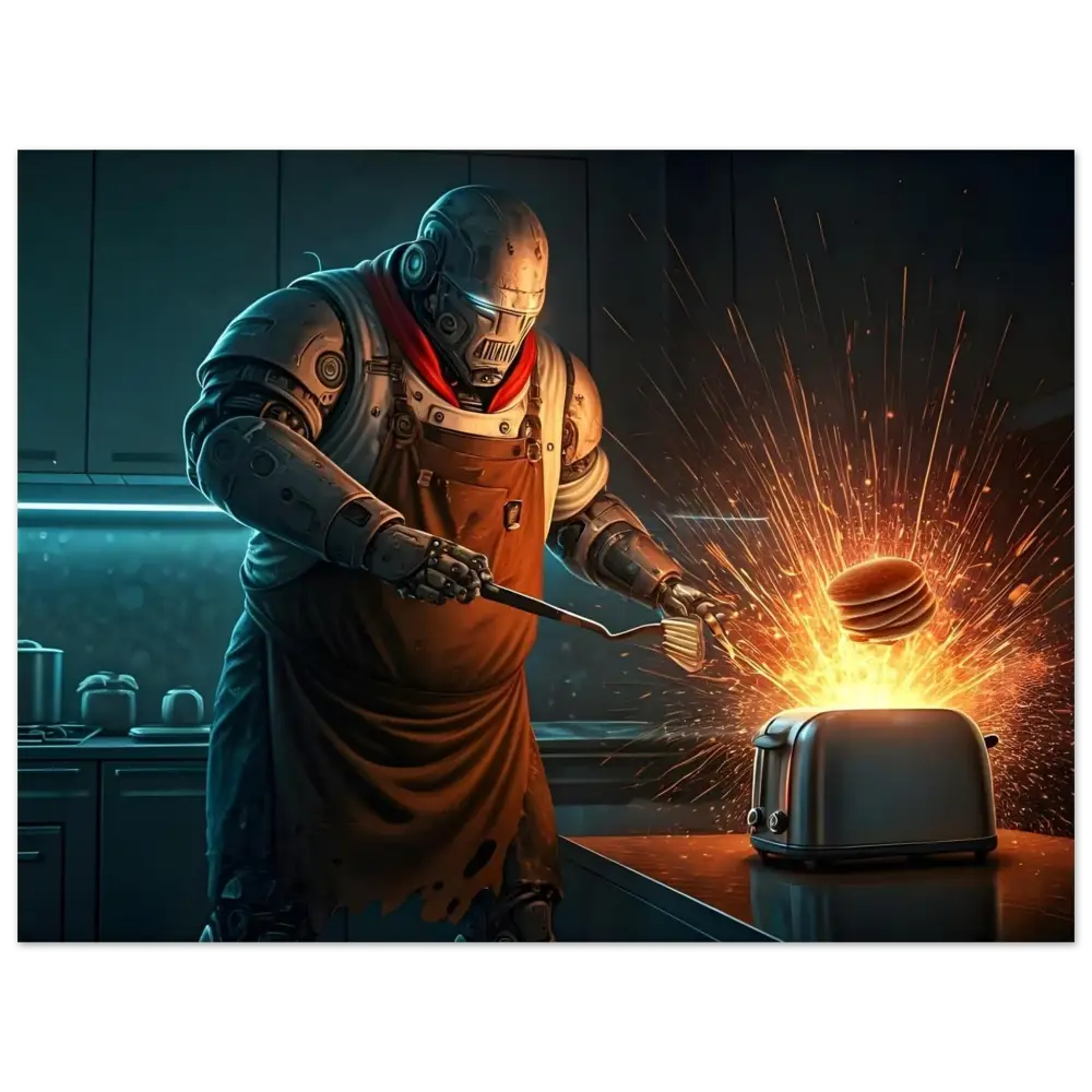 Robot chef flipping pancakes on the Pancake Protocol Breakfast Uprising poster by PixiOnyx