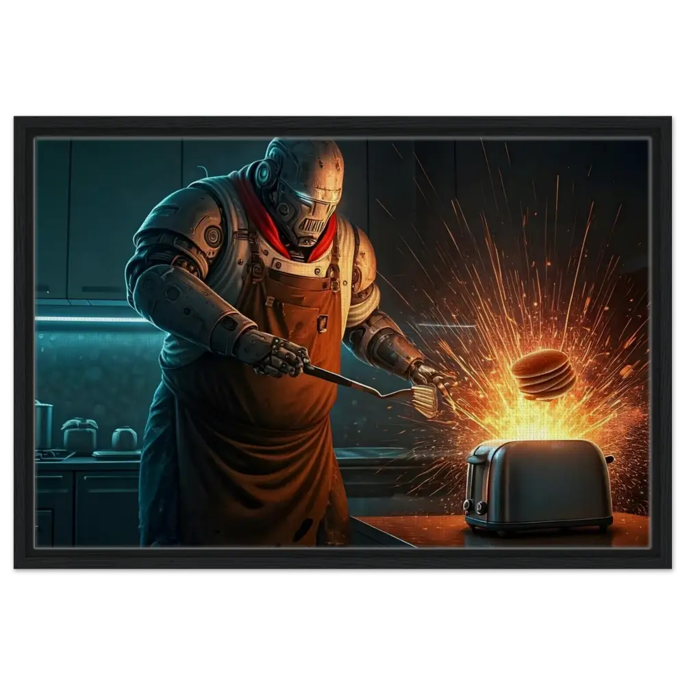 Robot chef flipping pancakes over a toaster in Pancake Protocol Breakfast Uprising canvas display