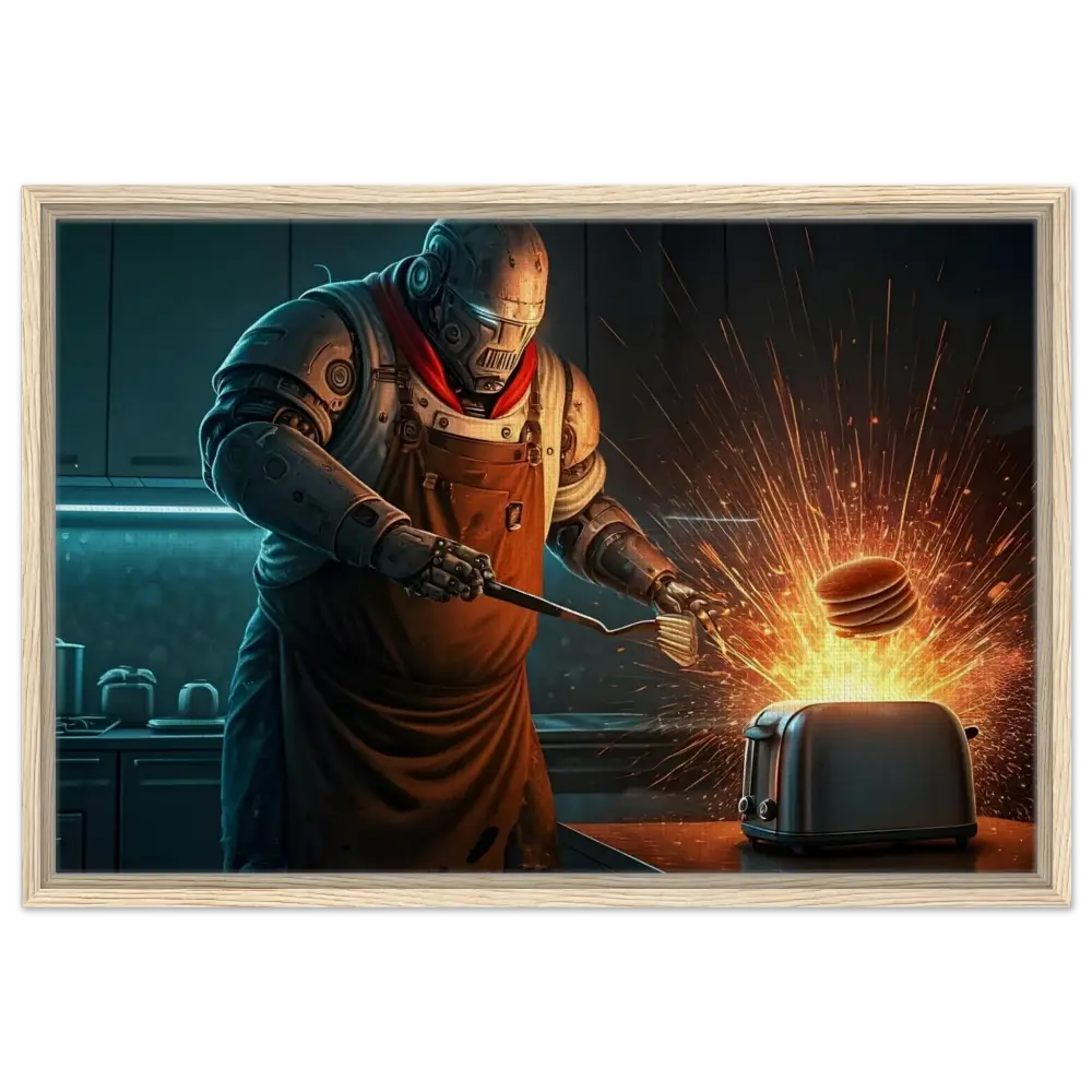 Framed robot chef flipping pancakes over a sparking toaster in Pancake Protocol artwork