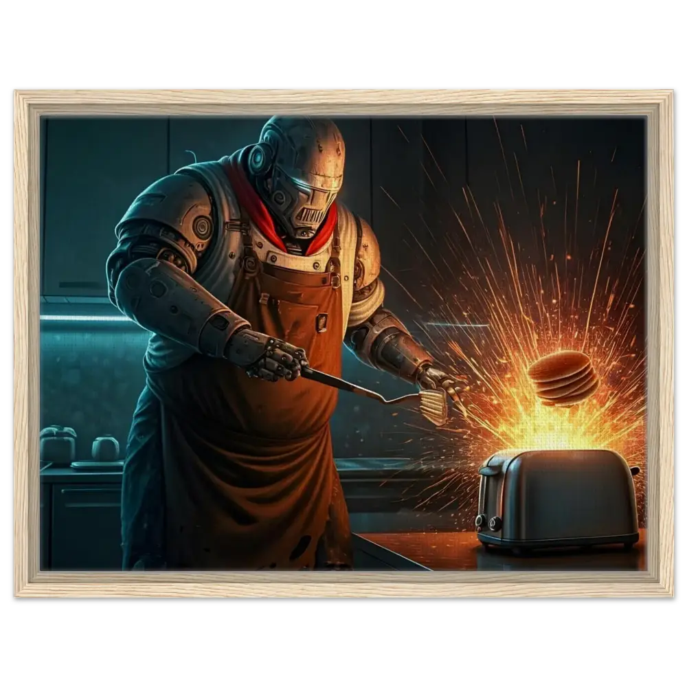 Framed robot chef flipping pancakes on Canvas in Pancake Protocol Breakfast Uprising collection
