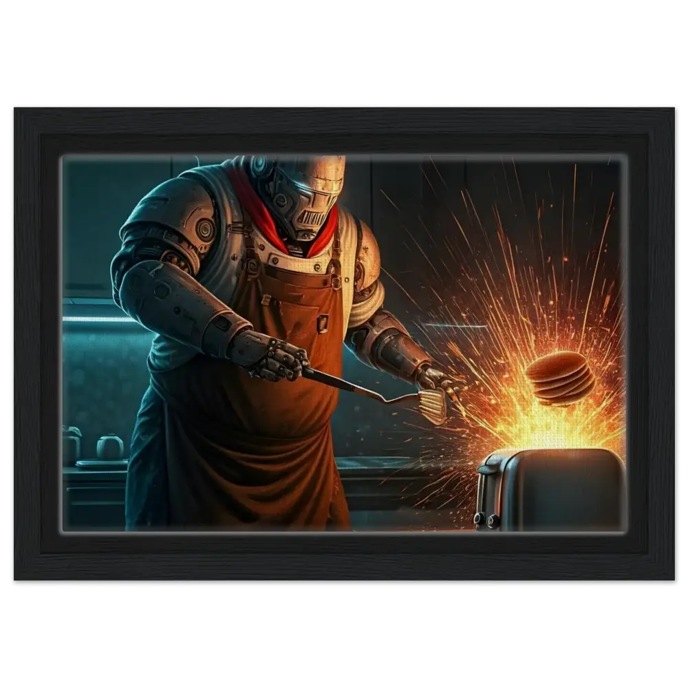 Framed robot chef flipping pancakes on PixiOnyx Cyber-Chef showcase canvas