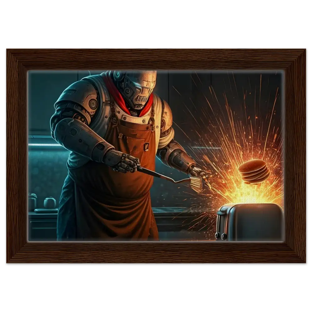 Framed robot chef flipping pancakes displayed on Pancake Protocol Breakfast Uprising canvas