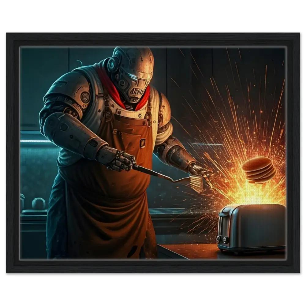 Robot chef flipping pancakes on framed canvas in PixiOnyx Cyber-Chef Showcase
