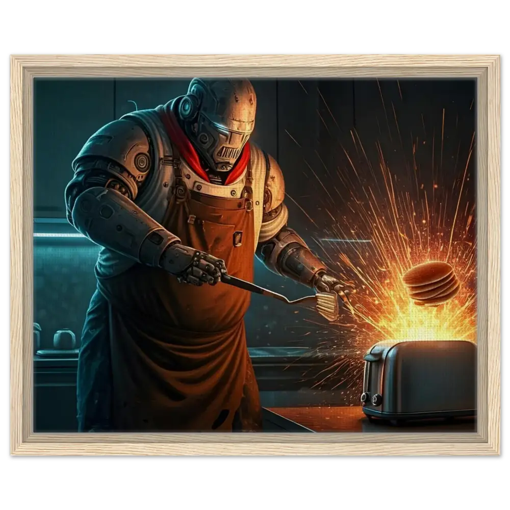 Framed robot chef flipping pancakes on PixiOnyx Cyber-Chef Showcase canvas