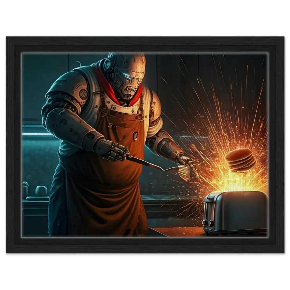 Robot chef flipping pancakes in PixiOnyx Cyber-Chef Showcase framed canvas artwork