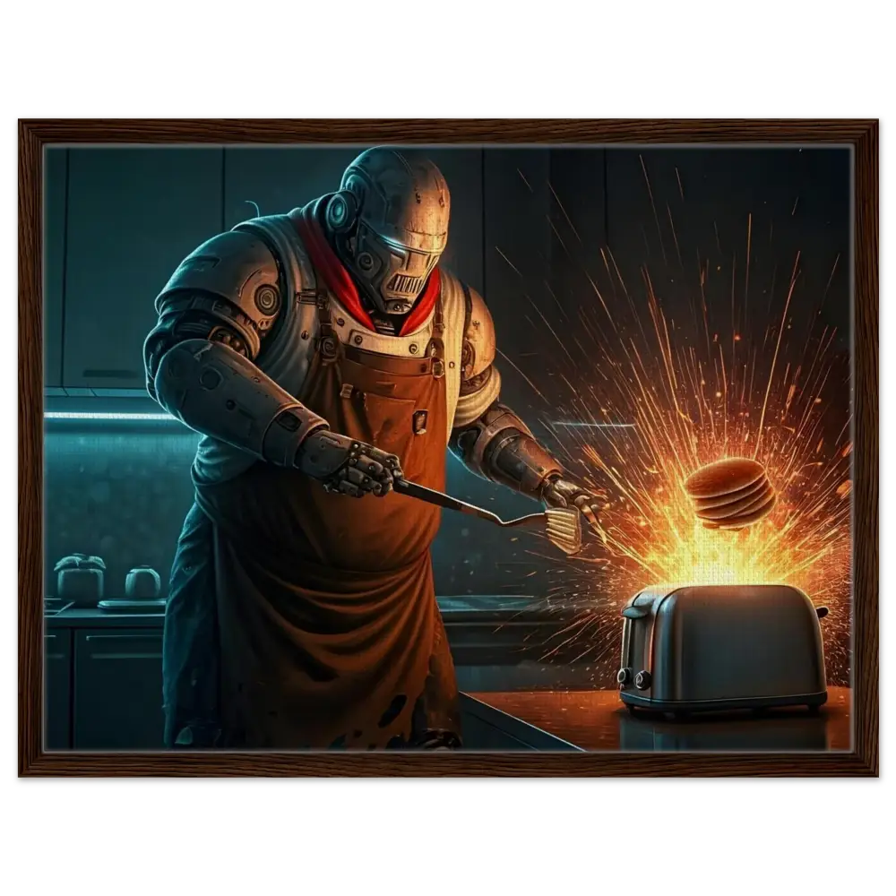 Robot chef flipping pancakes displayed on Pancake Protocol Breakfast Uprising framed canvas