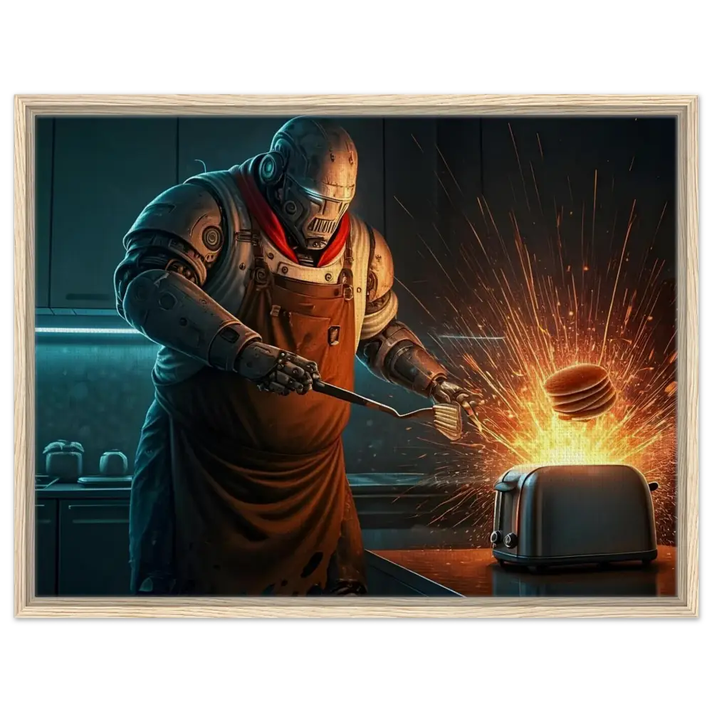 Framed robot chef flipping pancakes near a sparking toaster in PixiOnyx Cyber-Chef display