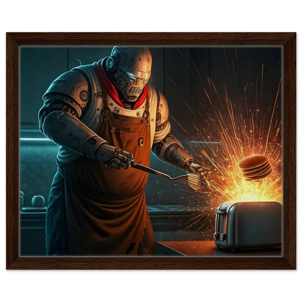 Framed Canvas of Robot Chef Flipping Pancakes for Pancake Protocol Breakfast Uprising