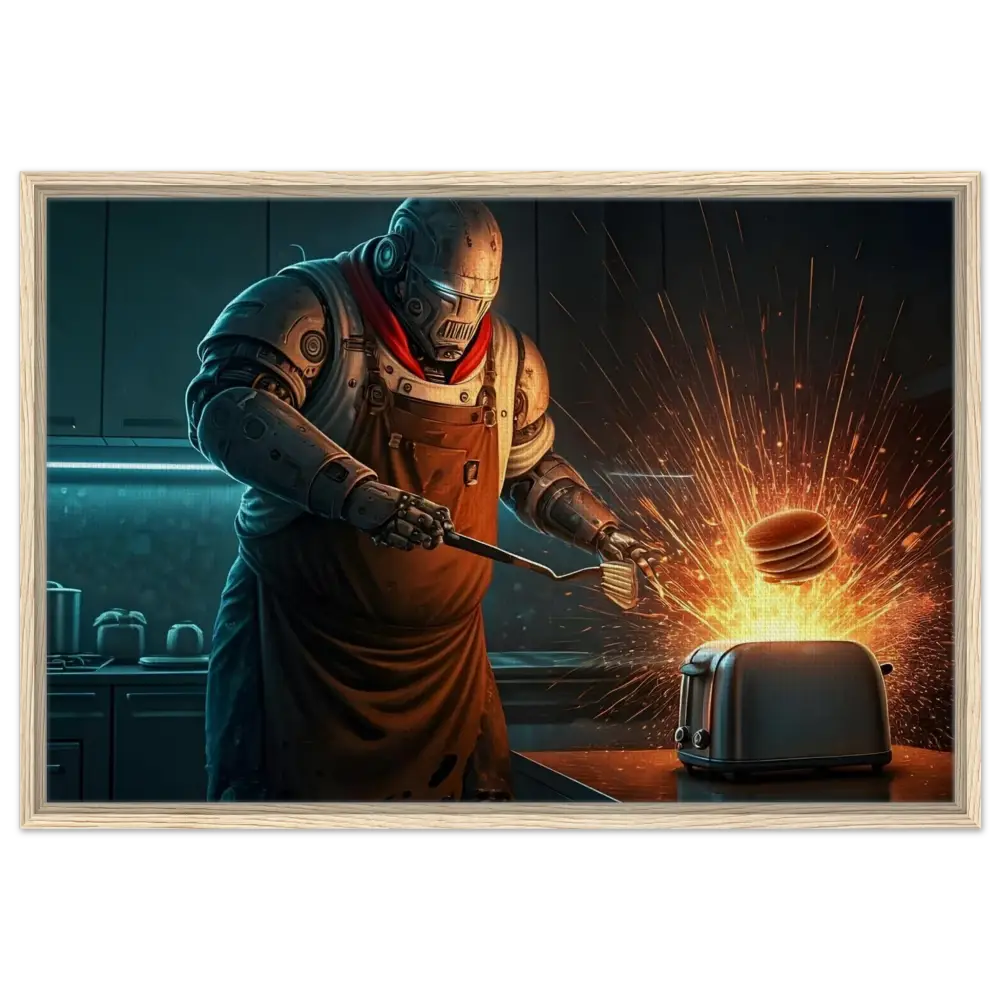 Framed robot chef flipping pancakes over a sparking toaster in Pancake Protocol Canvas art