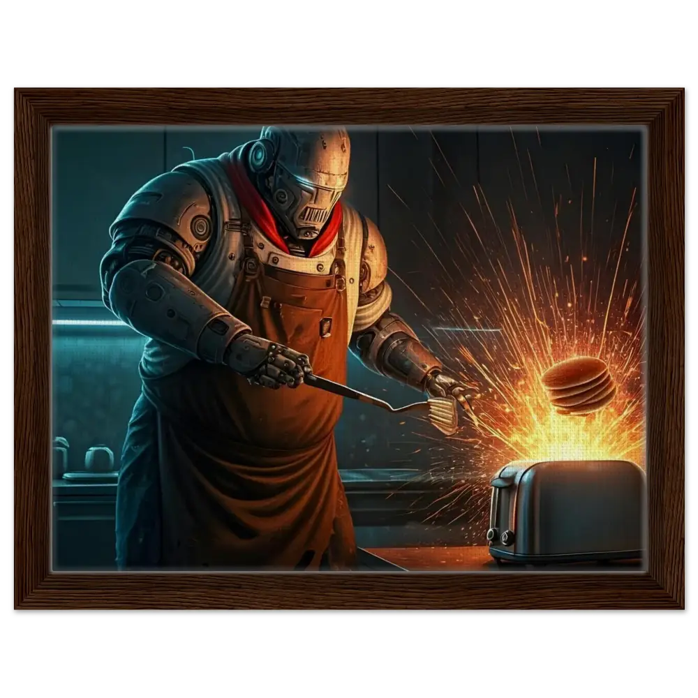 Framed robot chef flipping pancakes displayed in Pancake Protocol Breakfast Uprising canvas